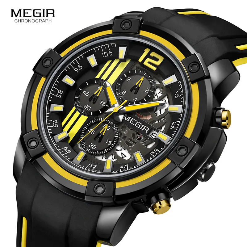 Megir Men’s Quartz Chronograph Sports Watch – Black Silicone Strap