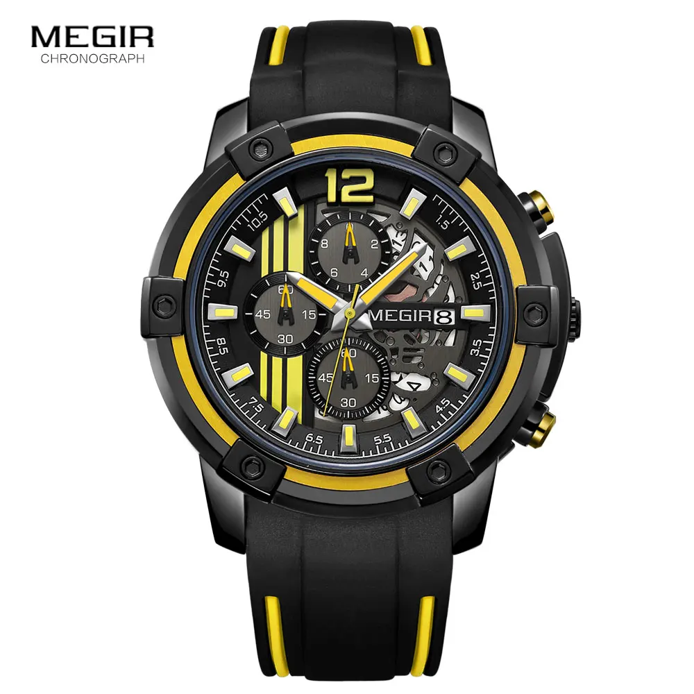 Megir Men’s Quartz Chronograph Sports Watch – Black Silicone Strap