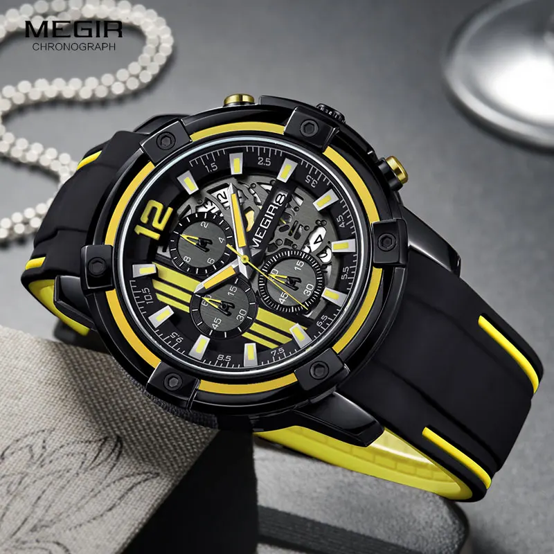 Megir Men’s Quartz Chronograph Sports Watch – Black Silicone Strap