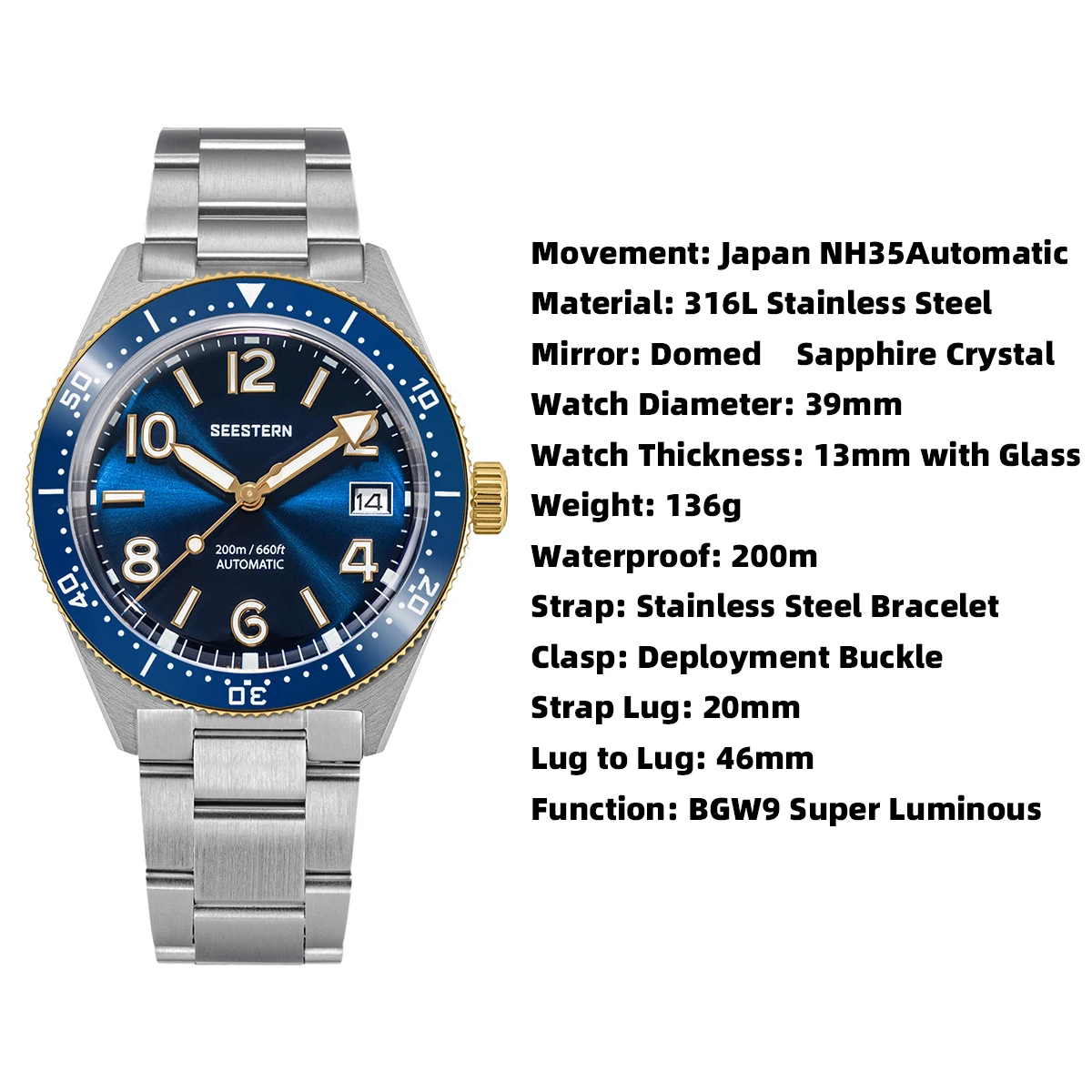Seestern Men's Automatic Diving Watch - 200m Waterproof NH35 Movement Luminous Dial S454-2