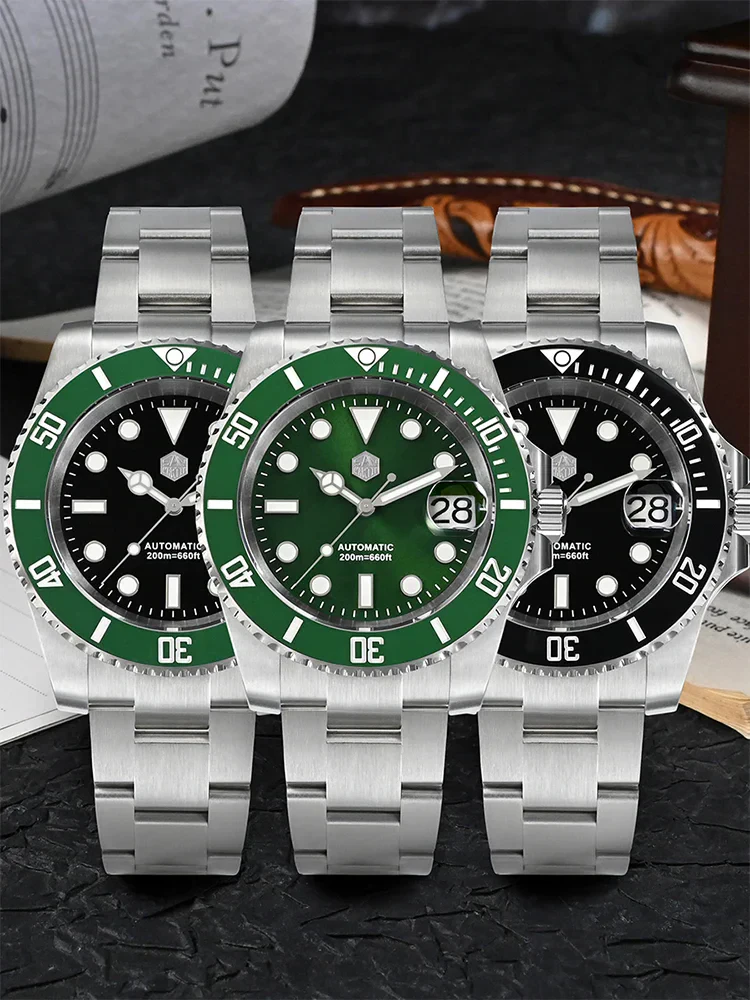 High-quality stainless steel dive watches with green and black bezel options, automatic movement, 200m water resistance.