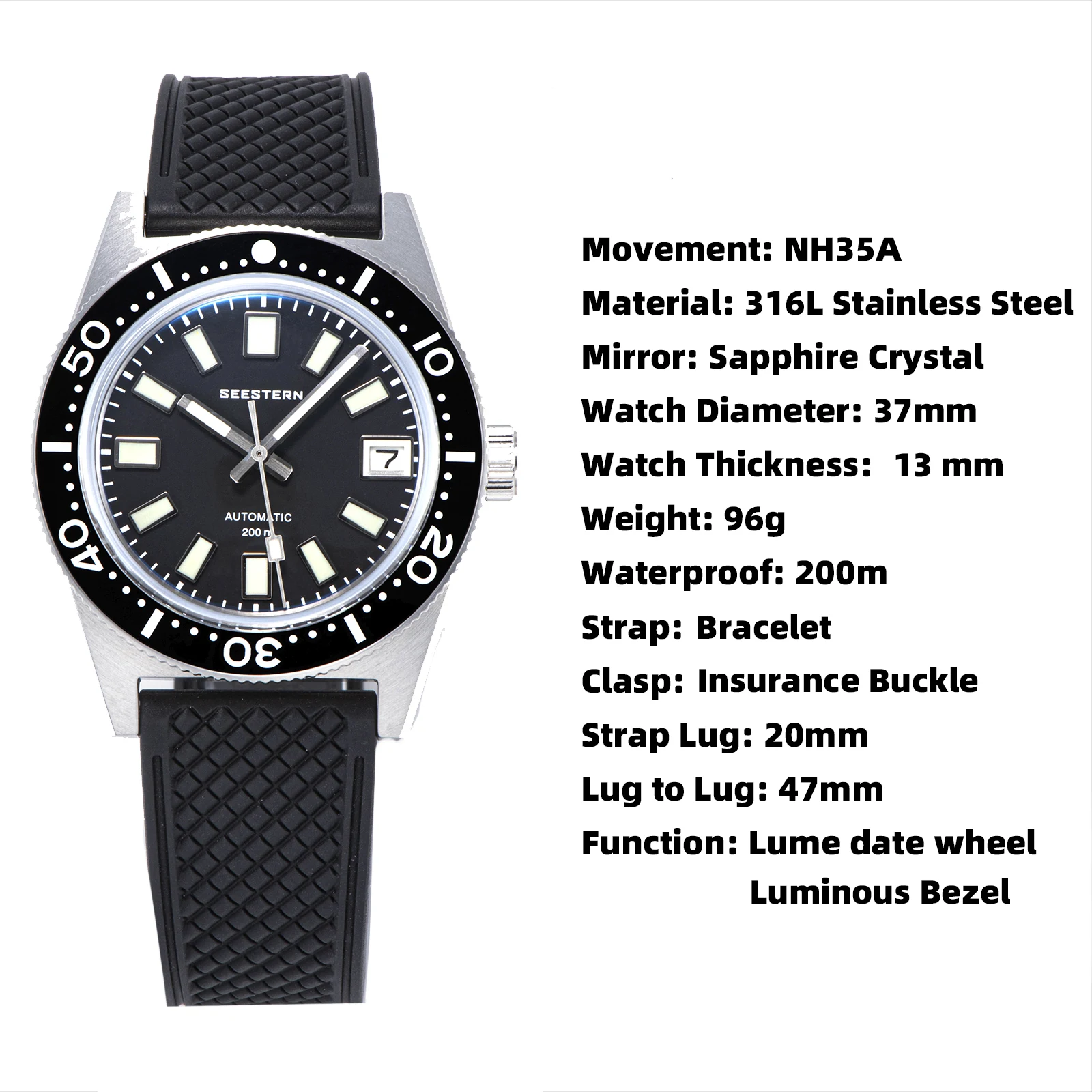62MAS Diver Men Watch 38mm Original Sapphire Glass Nh35 Automatic Mechanical Waterproof Luminous Date Ceramic Bezel 200M Pro v3