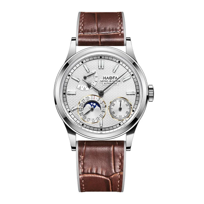 Haofa 2372 Mini-Rotor Automatic Watch white dial with moon phase