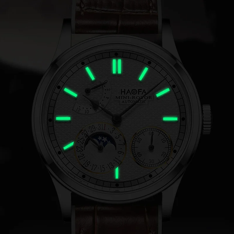 Haofa Automatic Mini-rotor Watches for Men Moon Phase Calendar Hour Dial Mechanical Wristwatch Sapphire Waterproof Casual 2372