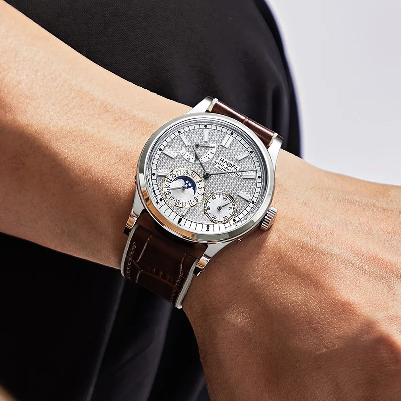 Haofa Automatic Mini-rotor Watches for Men Moon Phase Calendar Hour Dial Mechanical Wristwatch Sapphire Waterproof Casual 2372