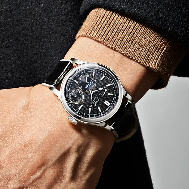 Haofa Automatic Mini-rotor Watches for Men Moon Phase Calendar Hour Dial Mechanical Wristwatch Sapphire Waterproof Casual 2372