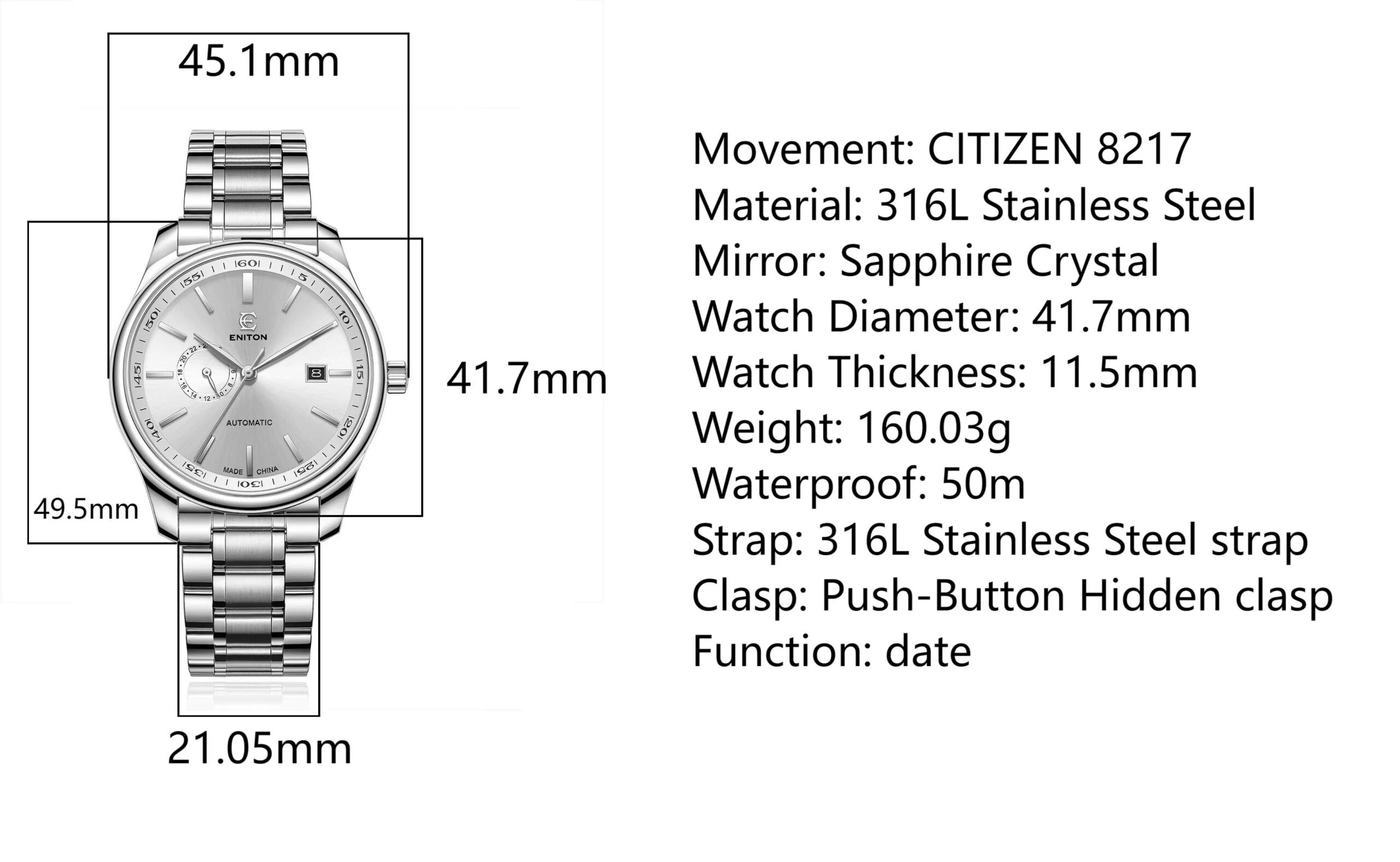 ENITON 41mm Automatic watch 8217 Movement Men's Watch Business luxury watches man Fashion mens watch mechanical Watches for men