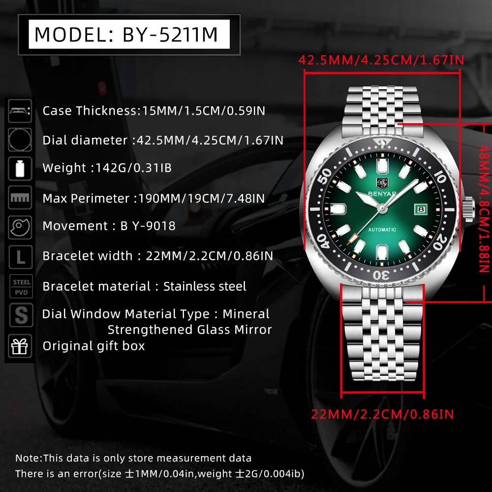 BENYAR BY-5211 42mm Men's Watch Luminous Tuna Dial 50m Waterproof Mechanical Watch New Model