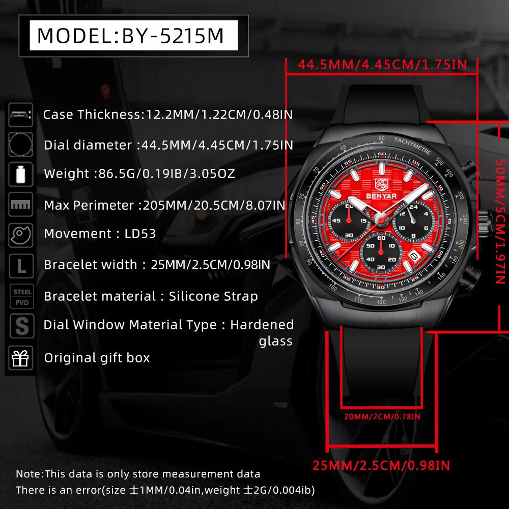 BENYAR Luxury Men's Watch Date Chronograph Luxury Men's Watch Waterproof Night Light Sports Military Men's Quartz Watch Gift Box