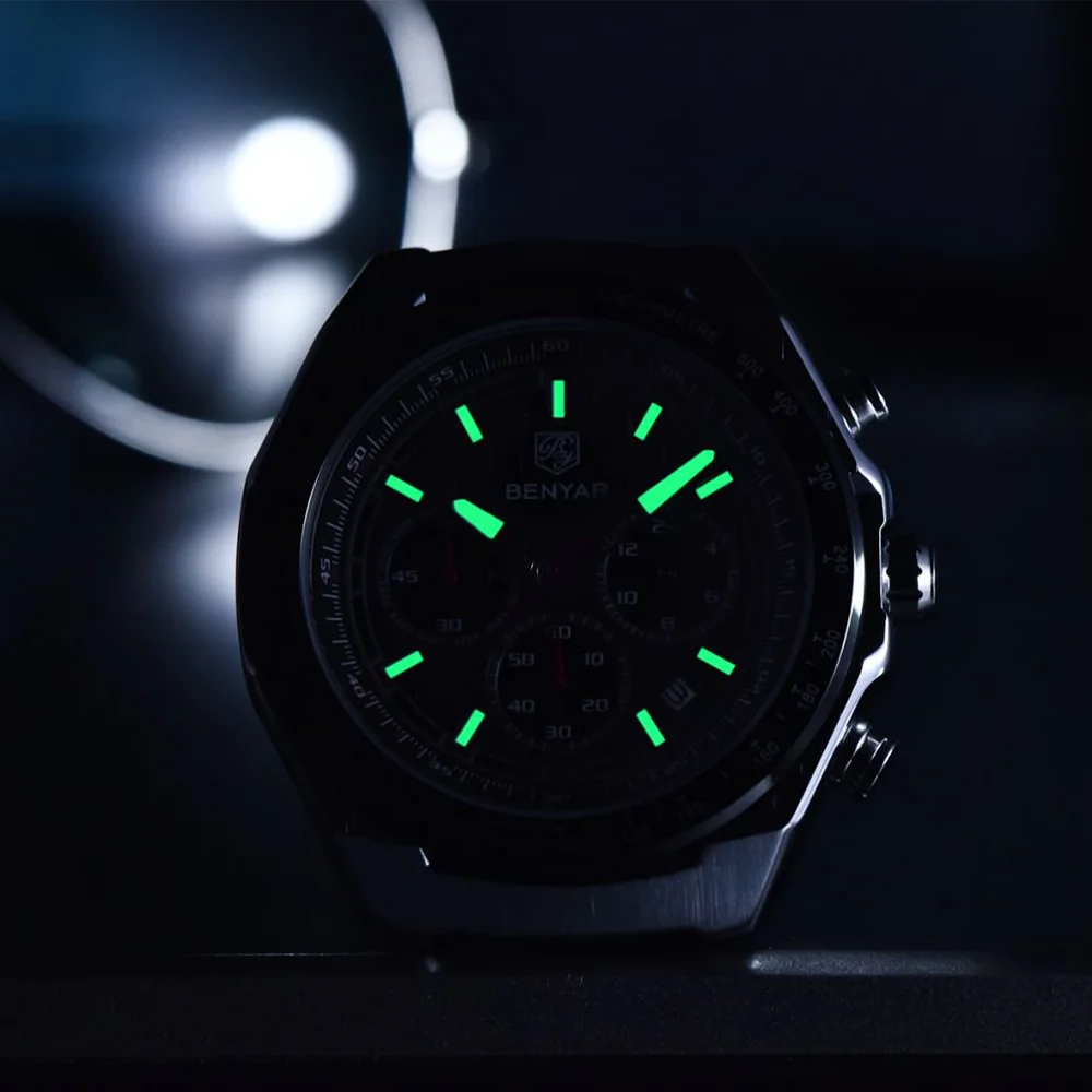BENYAR Luxury Men's Watch Date Chronograph Luxury Men's Watch Waterproof Night Light Sports Military Men's Quartz Watch Gift Box