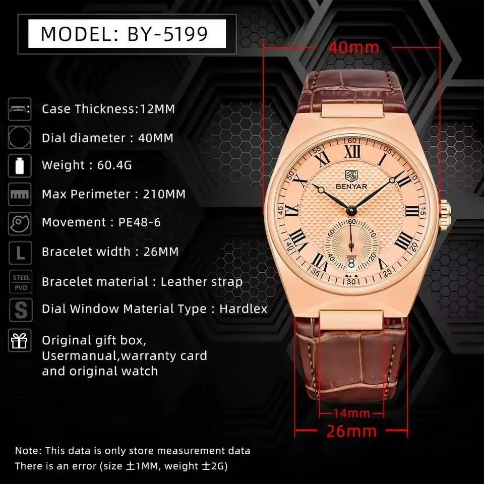 2023 BENYAR New Business Luxury Men's Quartz Watch 30M Waterproof Sports Leather Watch Fashion Men's Watch