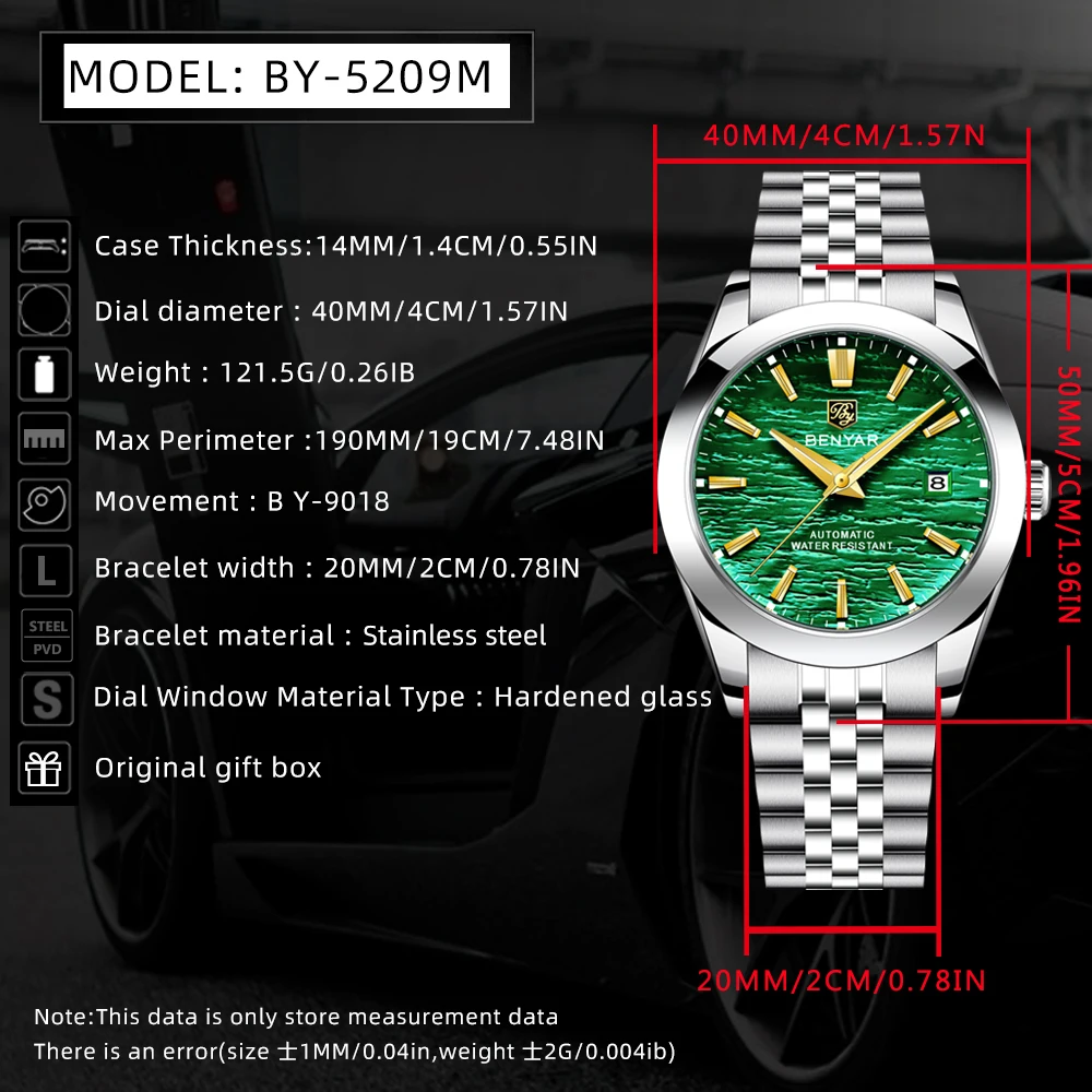 BENYAR 2024 New 40MM Men's Mechanical Watch 50M Waterproof Automatic Diving Watch Luxury Fashion Men's Stainless Steel Watch