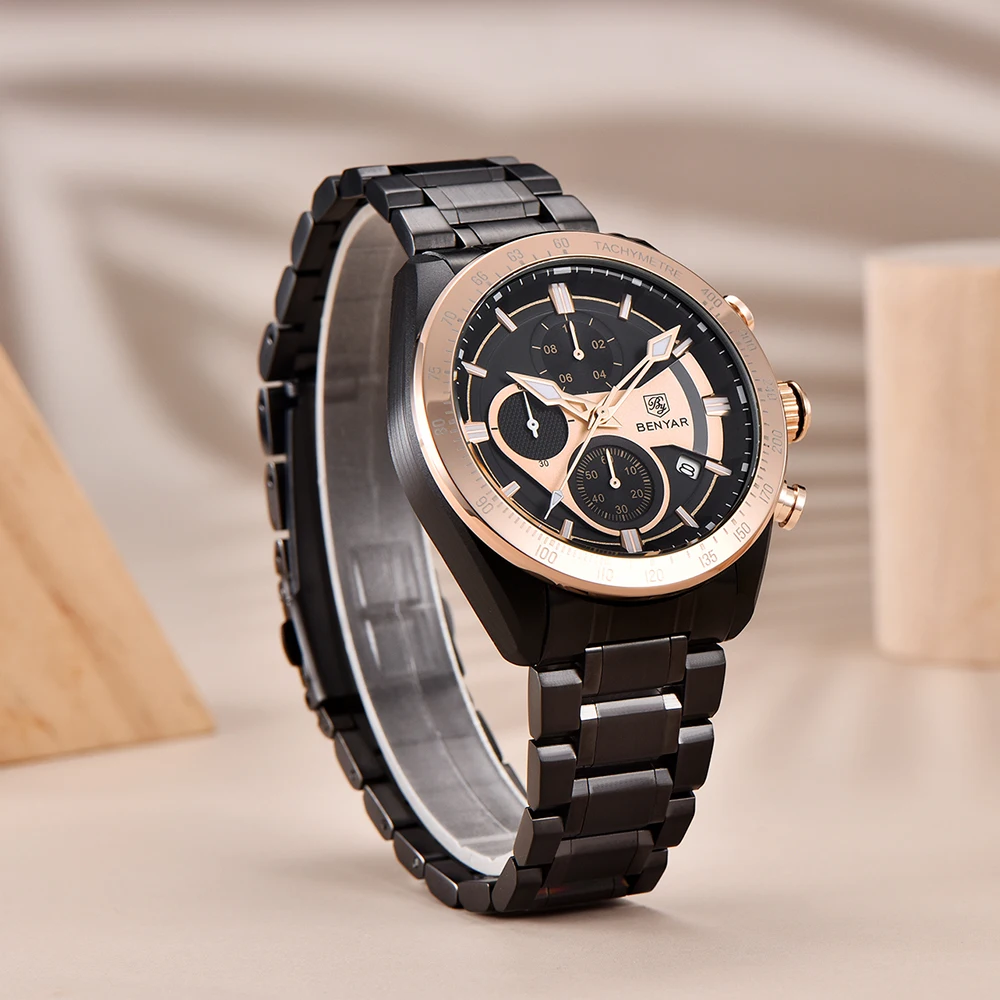 2025 New Benyar Sports Quartz Watch Luxury 30M Waterproof Chronograph Fashion Stainless Steel Military Clock Relojes Hombre