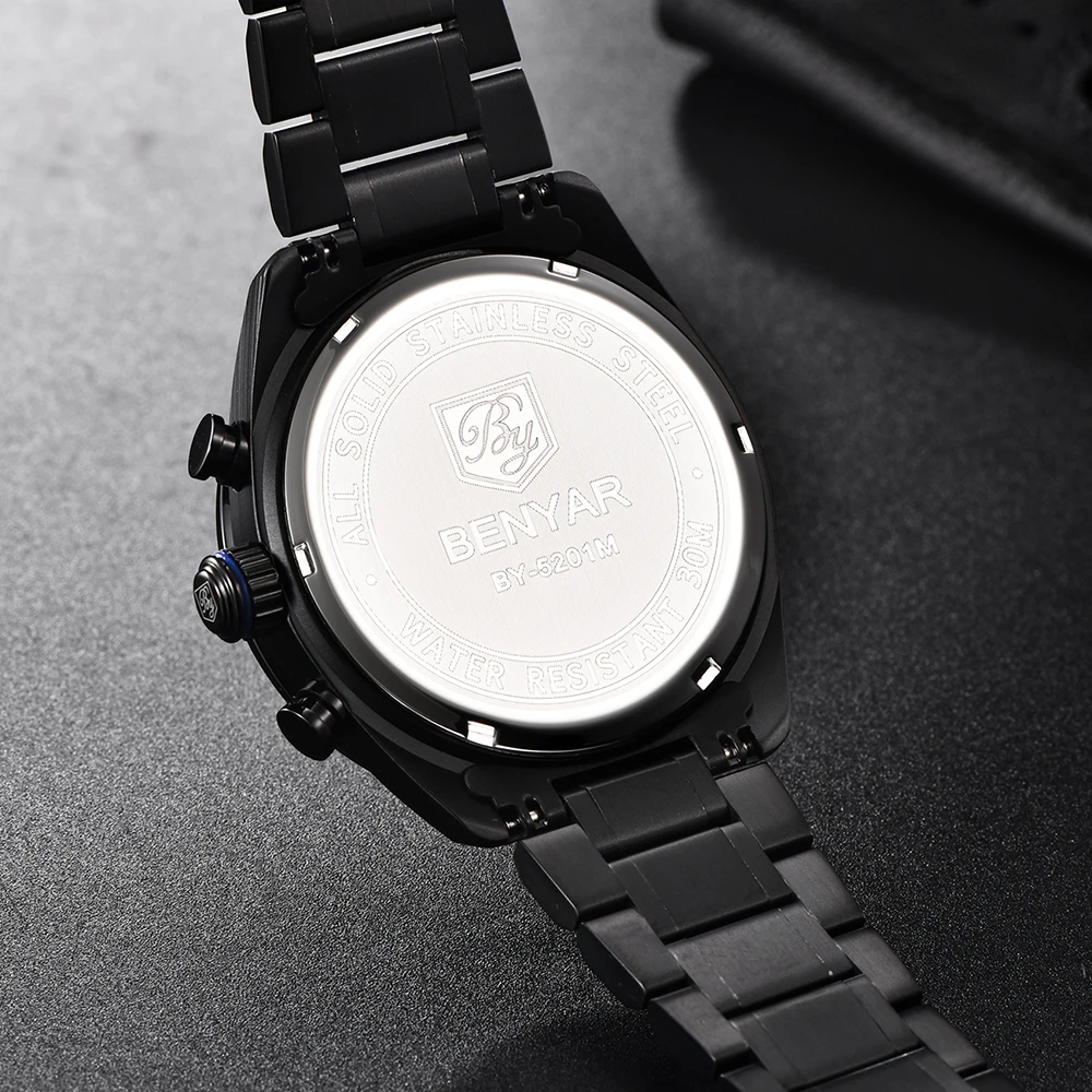 2025 New Benyar Sports Quartz Watch Luxury 30M Waterproof Chronograph Fashion Stainless Steel Military Clock Relojes Hombre
