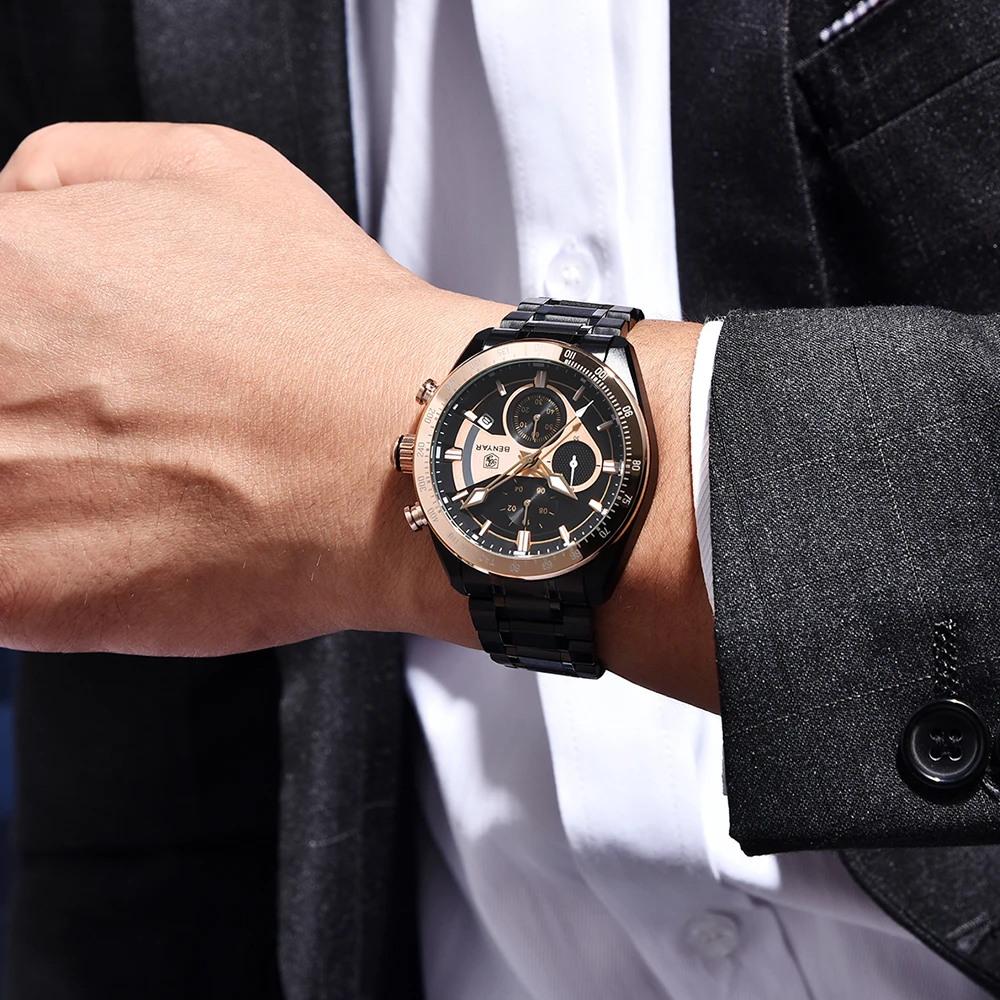 2025 New Benyar Sports Quartz Watch Luxury 30M Waterproof Chronograph Fashion Stainless Steel Military Clock Relojes Hombre