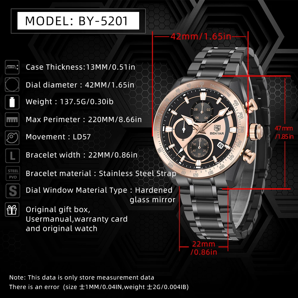 2025 New Benyar Sports Quartz Watch Luxury 30M Waterproof Chronograph Fashion Stainless Steel Military Clock Relojes Hombre