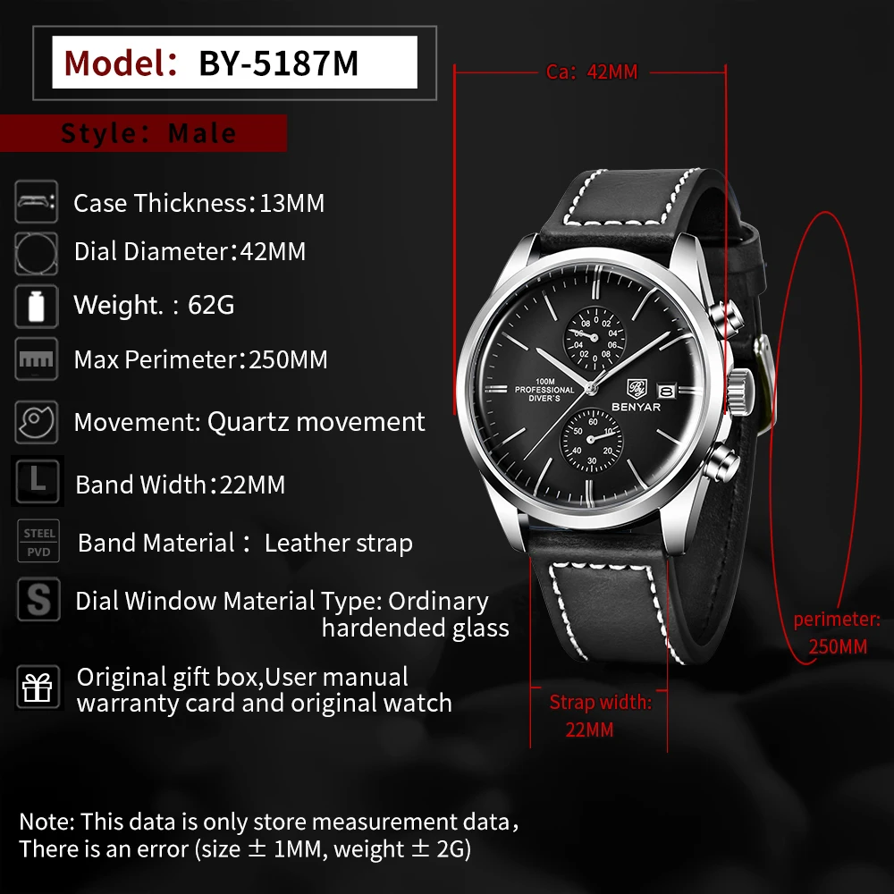 Men Watch Benyar 2021 New Sports Quartz Watch Luxury Fashion Chronograph 100M Waterproof Leather Military Clock Relojes Hombre