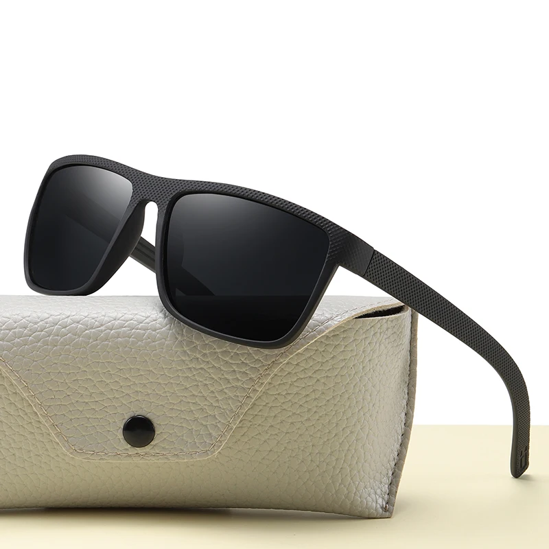Main image: “Unisex UV400 square sunglasses in matte black with HD anti-glare lenses on case