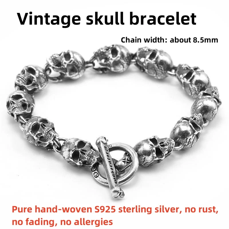 S925 Silver American Garber Style Handmade Skull Motorcycle Hand String Trend Men's and Women's Skeleton Vintage Punk Bracelet
