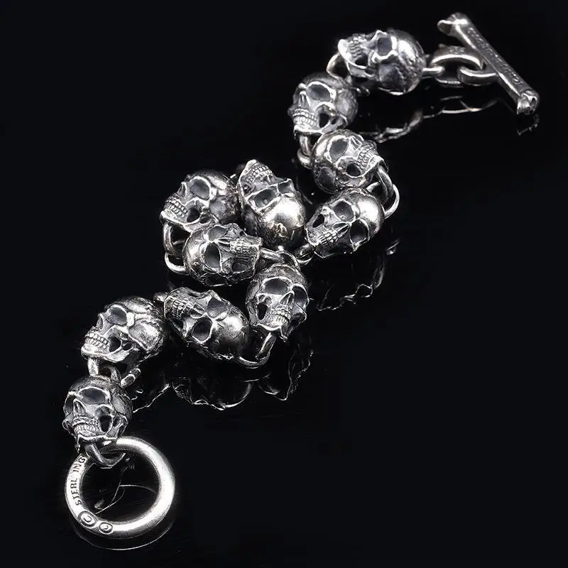 S925 Silver American Garber Style Handmade Skull Motorcycle Hand String Trend Men's and Women's Skeleton Vintage Punk Bracelet