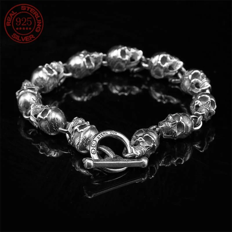S925 Silver American Garber Style Handmade Skull Motorcycle Hand String Trend Men's and Women's Skeleton Vintage Punk Bracelet