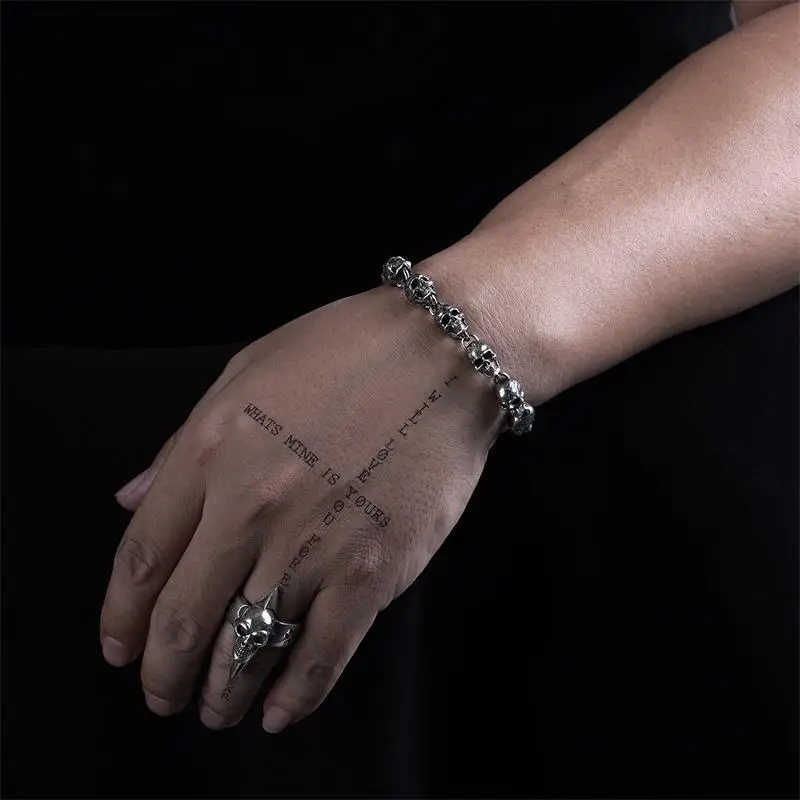 S925 Silver American Garber Style Handmade Skull Motorcycle Hand String Trend Men's and Women's Skeleton Vintage Punk Bracelet