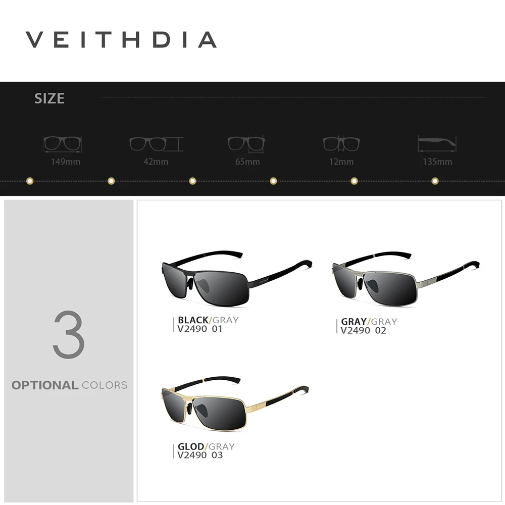 VEITHDIA Sunglasses Men Brand Designer Driving Fashion Polarized UV400 Lens Unisex Vintage Eyewear Male Glasses For Women VT2490