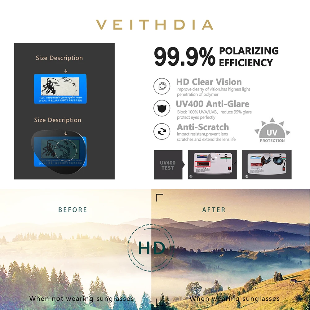 VEITHDIA Sunglasses Men Brand Designer Driving Fashion Polarized UV400 Lens Unisex Vintage Eyewear Male Glasses For Women VT2490