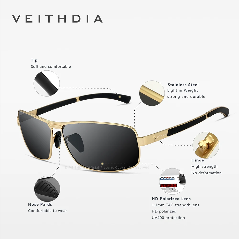 VEITHDIA Sunglasses Men Brand Designer Driving Fashion Polarized UV400 Lens Unisex Vintage Eyewear Male Glasses For Women VT2490