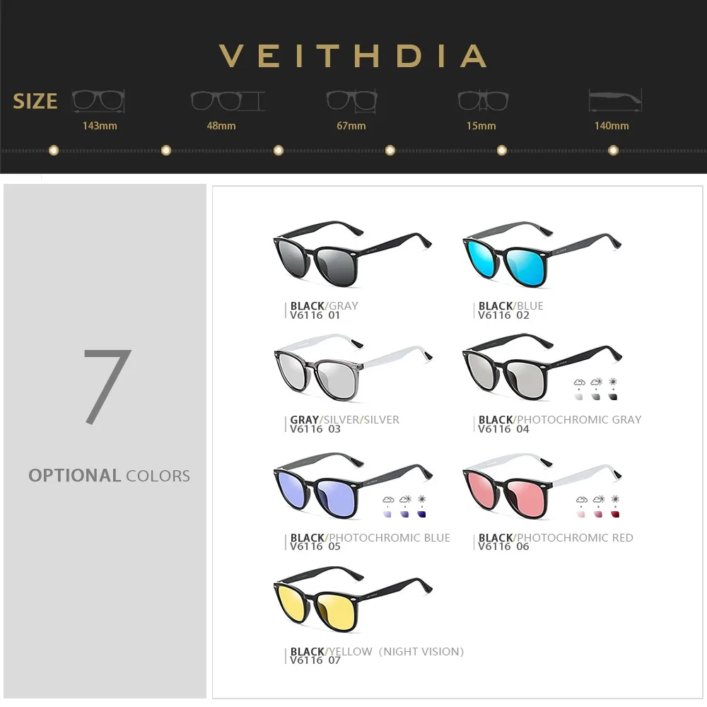 VEITHDIA Brand Unisex Aluminum+TR90 Men's Photochromic Mirror Sun Glasses Eyewear Vintage Outdoor Sunglasses For Women 6116