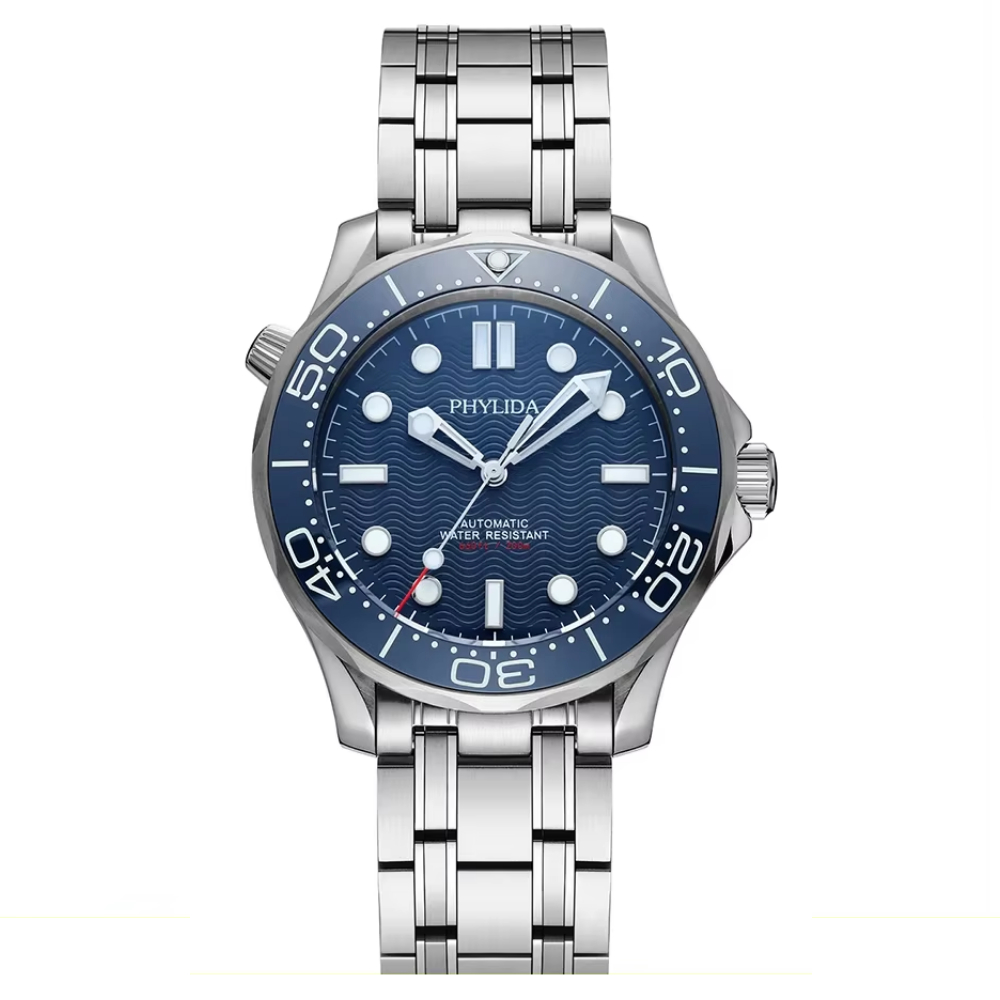 PHYLIDA SE-BL-38 Automatic Diver Watch with Blue Wave Dial, Sapphire Crystal, and 200M Water Resistance