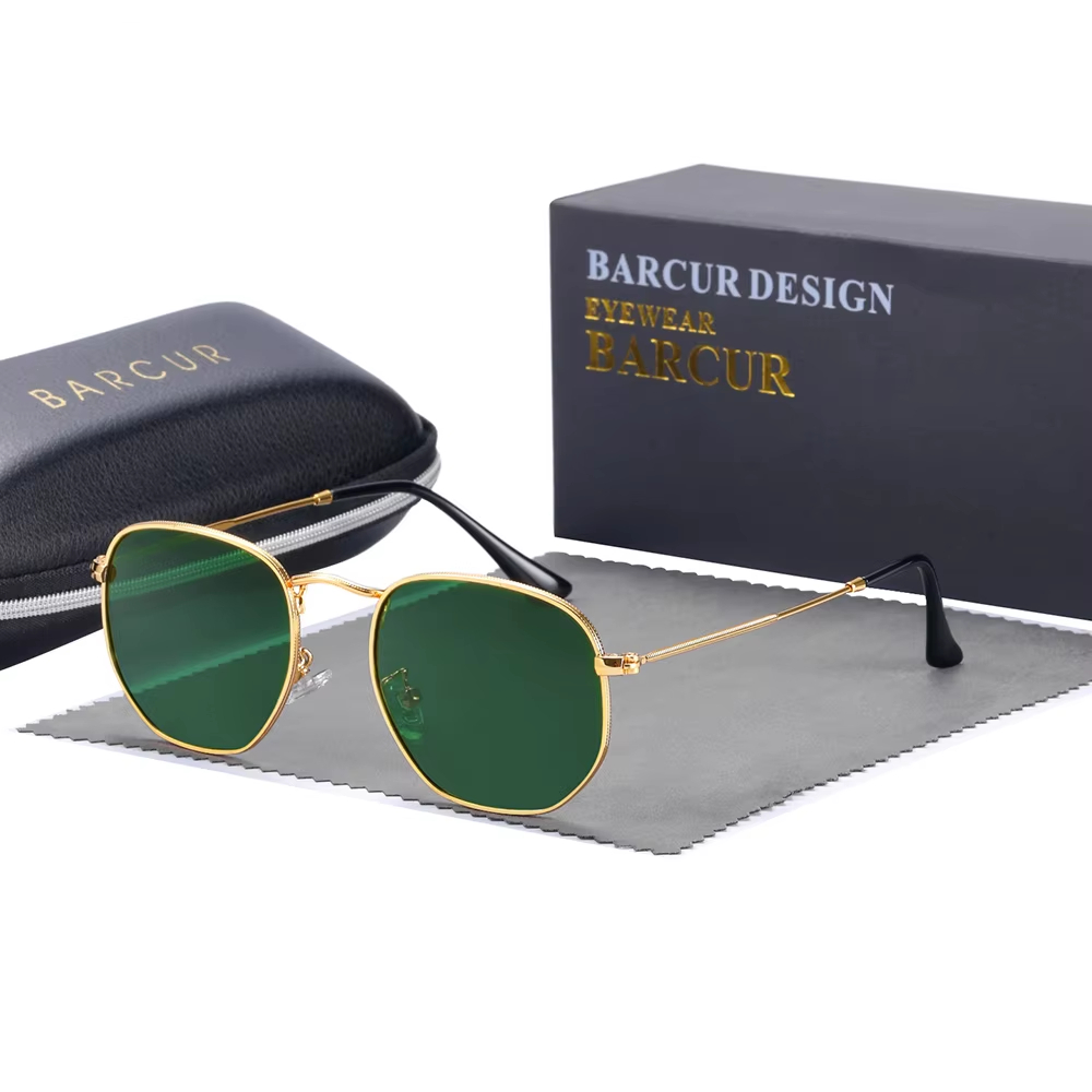 BARCUR hexagon polarized sunglasses gold frame with green lens
