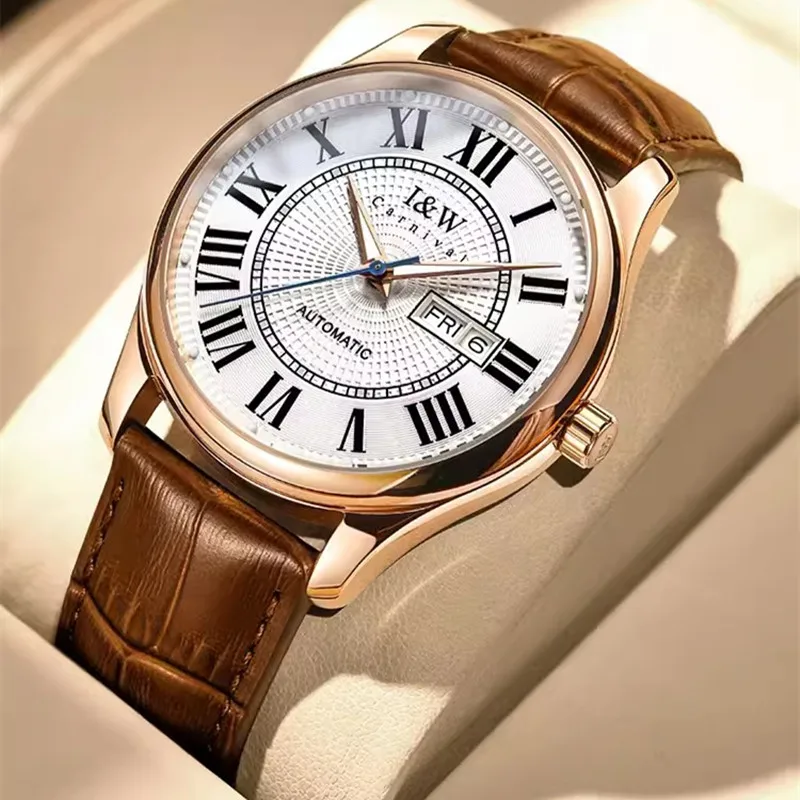 Luxury Automatic Watch for Men – CARNIVAL 1986 Self-Wind Leather Timepiece