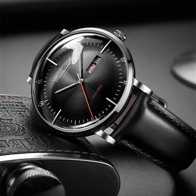 Carnival Brand 3D Curved Dial Luxury Sapphire Automatic Watch for Man Leather MIYIOTA Mechanical Watch Sports Wristwatch Male