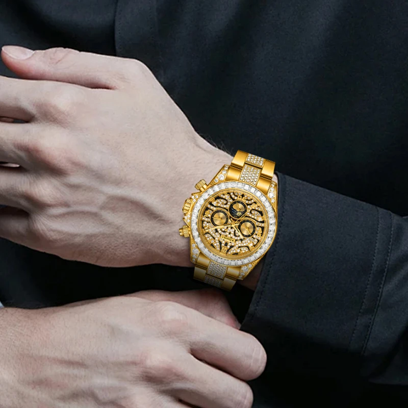 WISHDOIT 2025 New Luxury Mechanical Gold Watch Inlaid With Diamond Timing Movement Men's Stainless Steel Waterproof