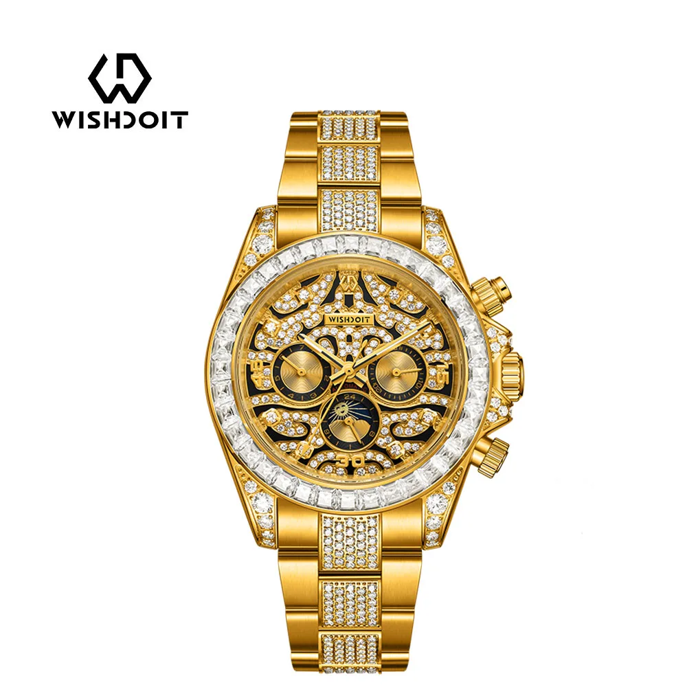 WISHDOIT 2025 New Luxury Mechanical Gold Watch Inlaid With Diamond Timing Movement Men's Stainless Steel Waterproof