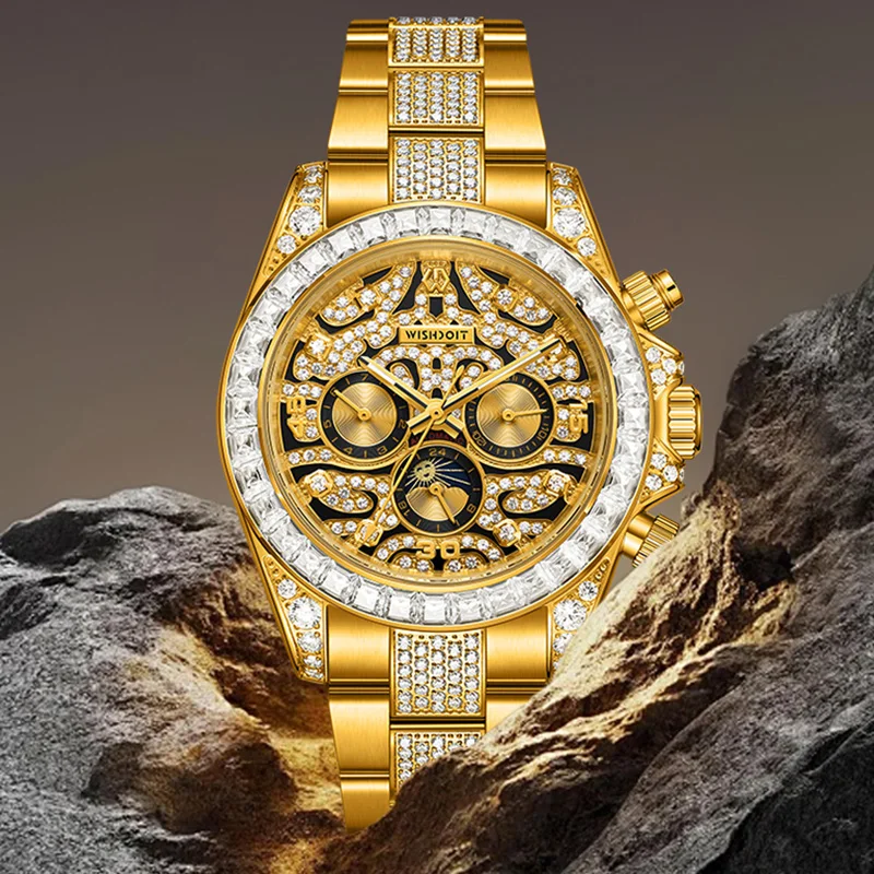 WISHDOIT 2025 New Luxury Mechanical Gold Watch Inlaid With Diamond Timing Movement Men's Stainless Steel Waterproof