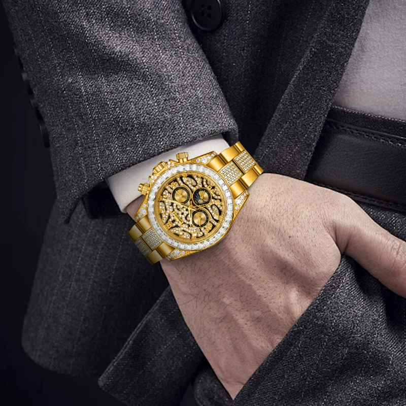 WISHDOIT 2025 New Luxury Mechanical Gold Watch Inlaid With Diamond Timing Movement Men's Stainless Steel Waterproof