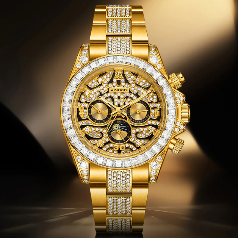 WISHDOIT 2025 New Luxury Mechanical Gold Watch Inlaid With Diamond Timing Movement Men's Stainless Steel Waterproof