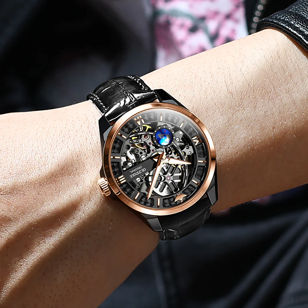 OUPINKE Men's Automatic Mechanical Watch Skeleton Design 50M Waterproof Sapphire Mirror Leather Strap Male Watches 3268