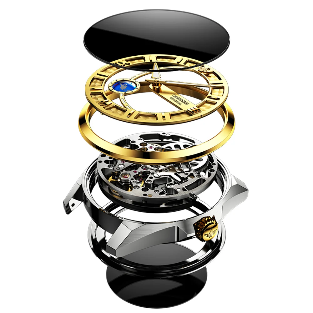 OUPINKE Men's Automatic Mechanical Watch Skeleton Design 50M Waterproof Sapphire Mirror Leather Strap Male Watches 3268