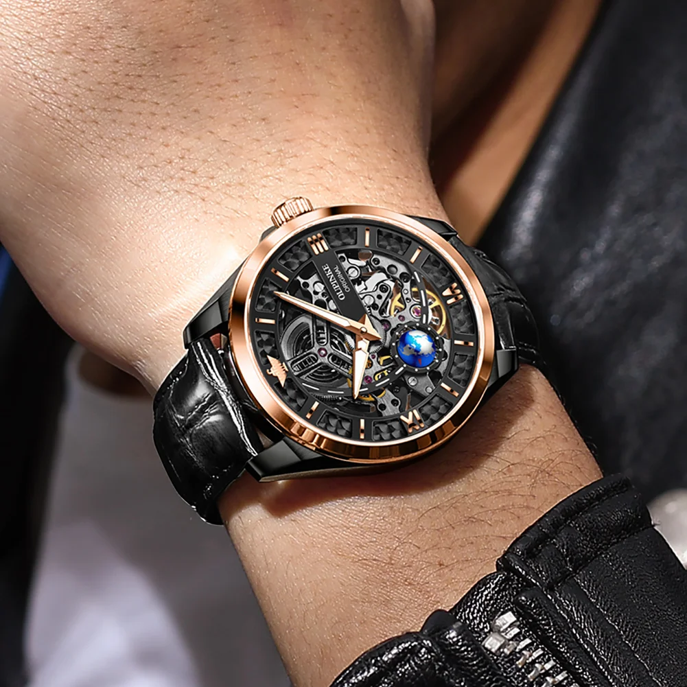 OUPINKE Men's Automatic Mechanical Watch Skeleton Design 50M Waterproof Sapphire Mirror Leather Strap Male Watches 3268