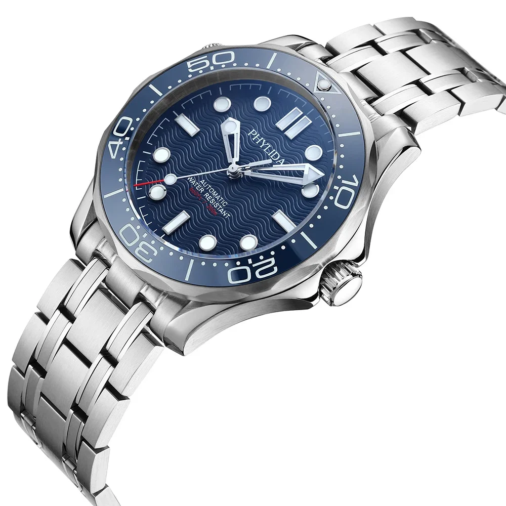 PHYLIDA Blue Dial NH38a Automatic Watch Diver 200 Sapphire Crystal SLN BGW9 Lume SE-BL-38