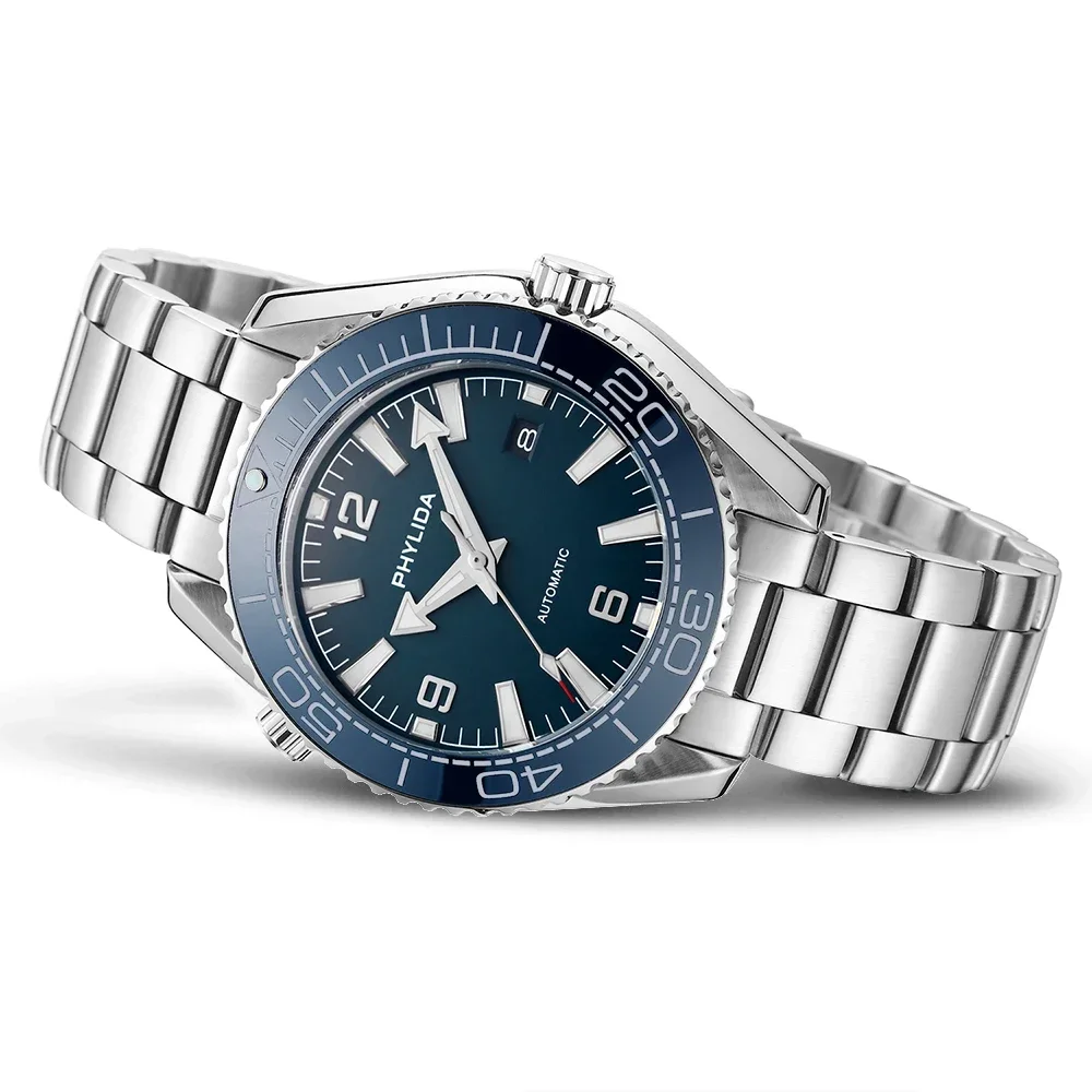 PHYLIDA 500m Men's 43.5mm Automatic Diver Watch Blue Dial Sapphire Crystal with NH35A Movement