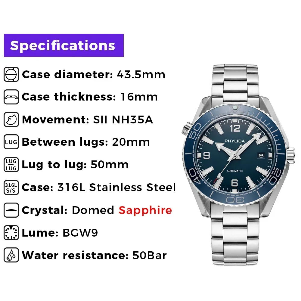 PHYLIDA 500m Men's 43.5mm Automatic Diver Watch Blue Dial Sapphire Crystal with NH35A Movement
