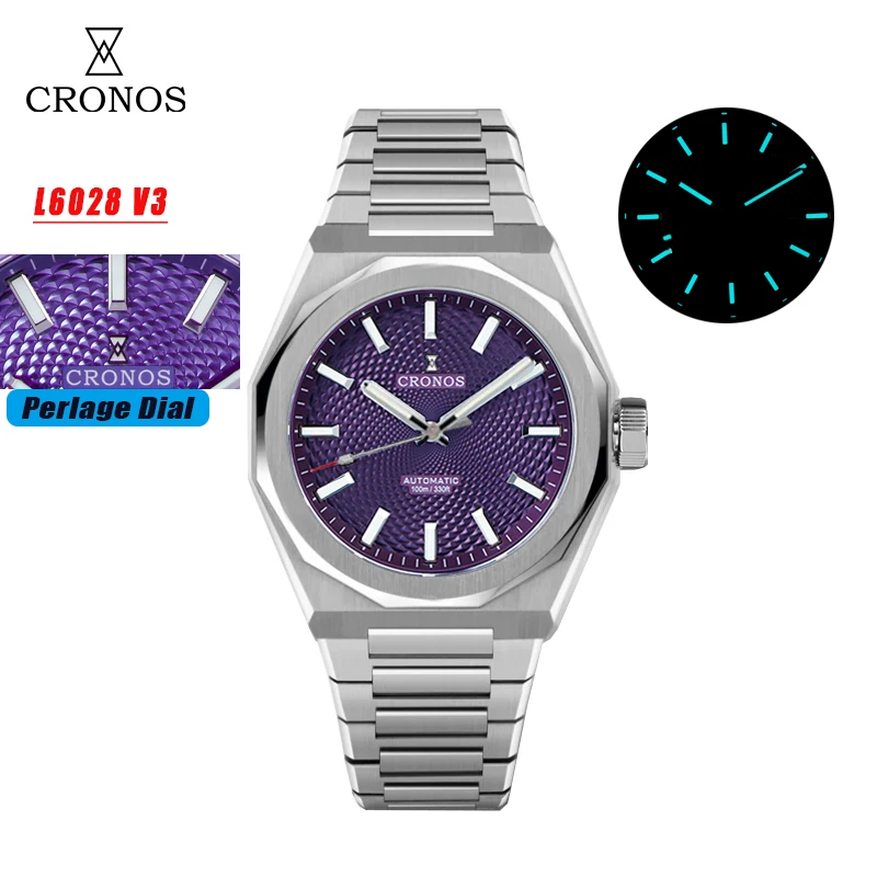 Cronos 2025 Rhombus / Perlage Dial Limited 39mm PT5000 See-through Caseback Men Automatic Wristwatches 10ATM Lumious L6028 V3