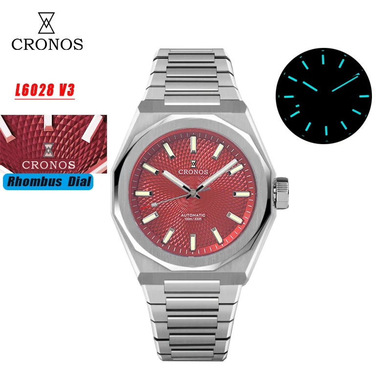 Cronos 2025 Rhombus / Perlage Dial Limited 39mm PT5000 See-through Caseback Men Automatic Wristwatches 10ATM Lumious L6028 V3