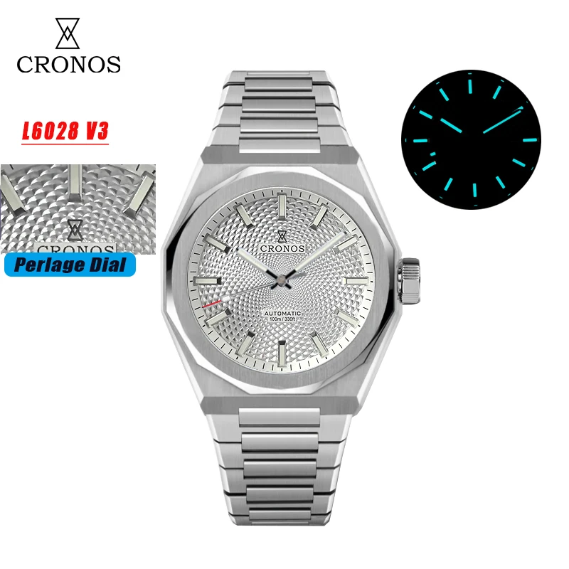Cronos 2025 Rhombus / Perlage Dial Limited 39mm PT5000 See-through Caseback Men Automatic Wristwatches 10ATM Lumious L6028 V3