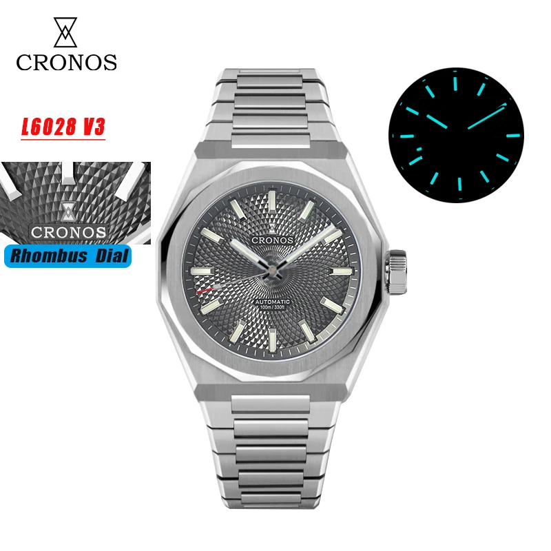 Cronos 2025 Rhombus / Perlage Dial Limited 39mm PT5000 See-through Caseback Men Automatic Wristwatches 10ATM Lumious L6028 V3