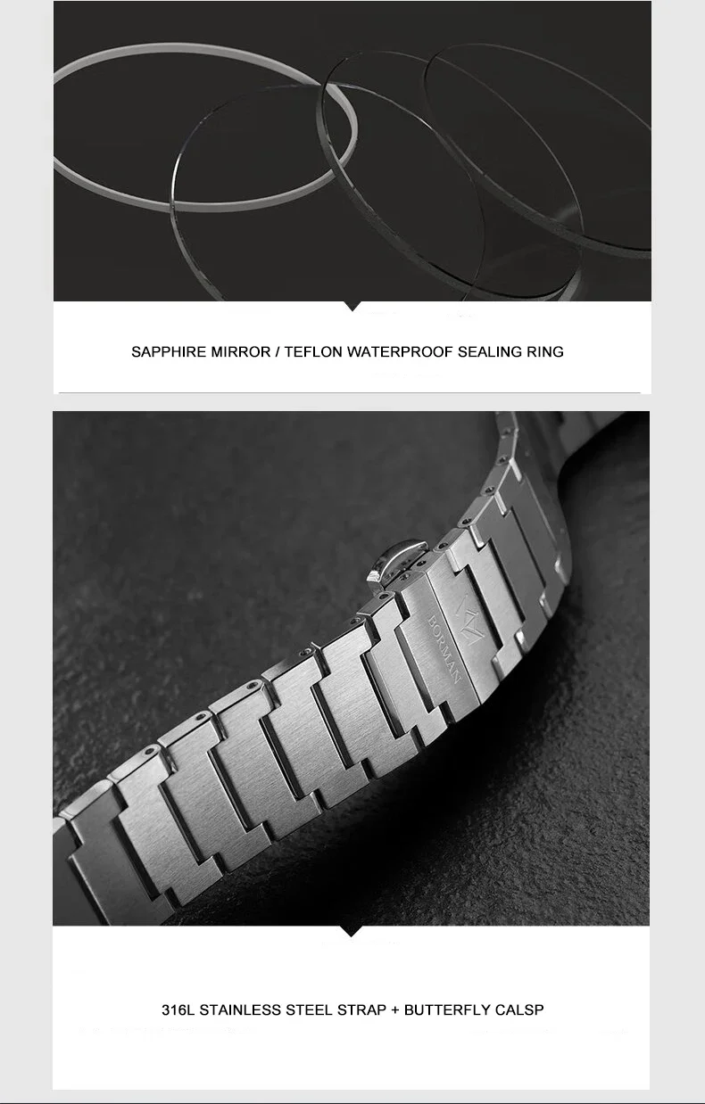 BORMAN Mens Automatic Watches 40mm Mechanical Wristwatch Ultrathick 10mm 5Bar Waterproof Sapphire Mirror Luminous Miyota 9015